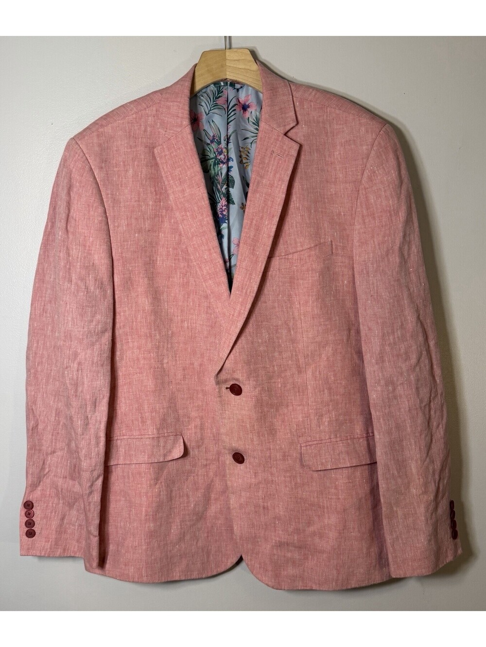 Bar III Salmon Color Linen Slim Fit Blazer Vibrant Floral Lining 44 Reg Preppy